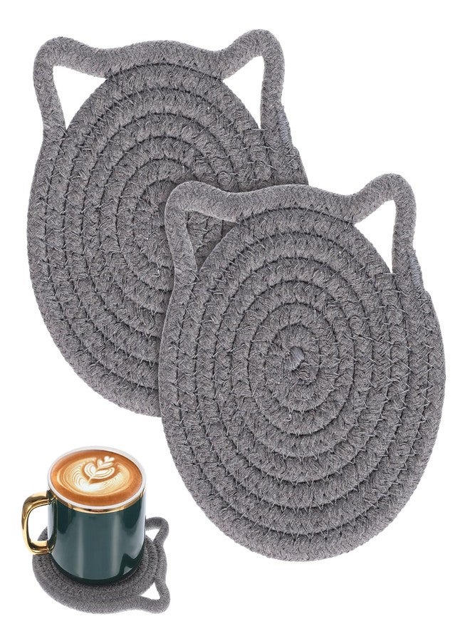Exircy 2 PCS Cute Coasters, Absorbent Fabric Mug Pads Cat Ear Shape Large Size Coasters for Drinks Handmade Braided Cotton Coaster for Wooden Table Tabletop Protection, Home Decor (Grey) - Image 1