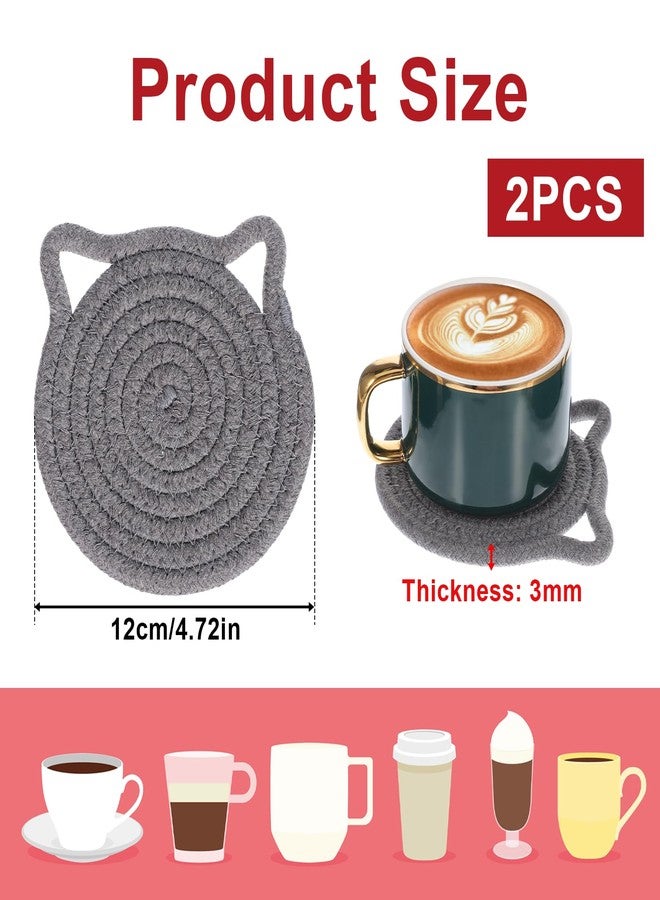 Exircy 2 PCS Cute Coasters, Absorbent Fabric Mug Pads Cat Ear Shape Large Size Coasters for Drinks Handmade Braided Cotton Coaster for Wooden Table Tabletop Protection, Home Decor (Grey) - Image 2