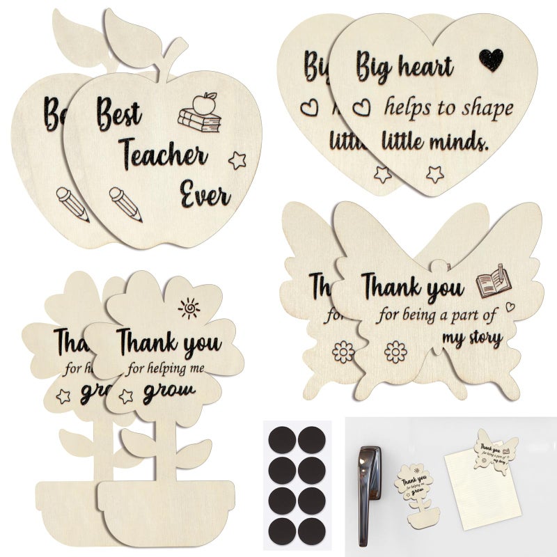 HONMOK 8 Pcs Best Teacher Wooden Fridge Magnets Heart Flower Apple Butterfly Styles Thank You Teacher Gifts for Women Men Pre School Nursery Grad Leaving Presents