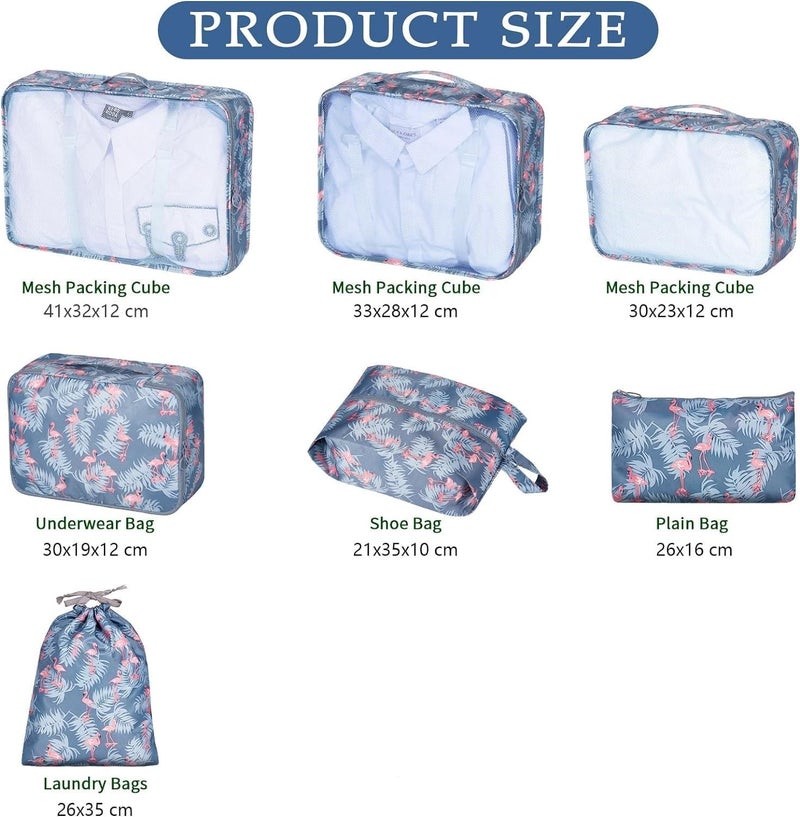 STESHWK Foldable Travel Luggage Organizer Storage Bags With 7 Set Packing Cubes with Shoe Bag for Travel Accessories Flamingo - Image 2