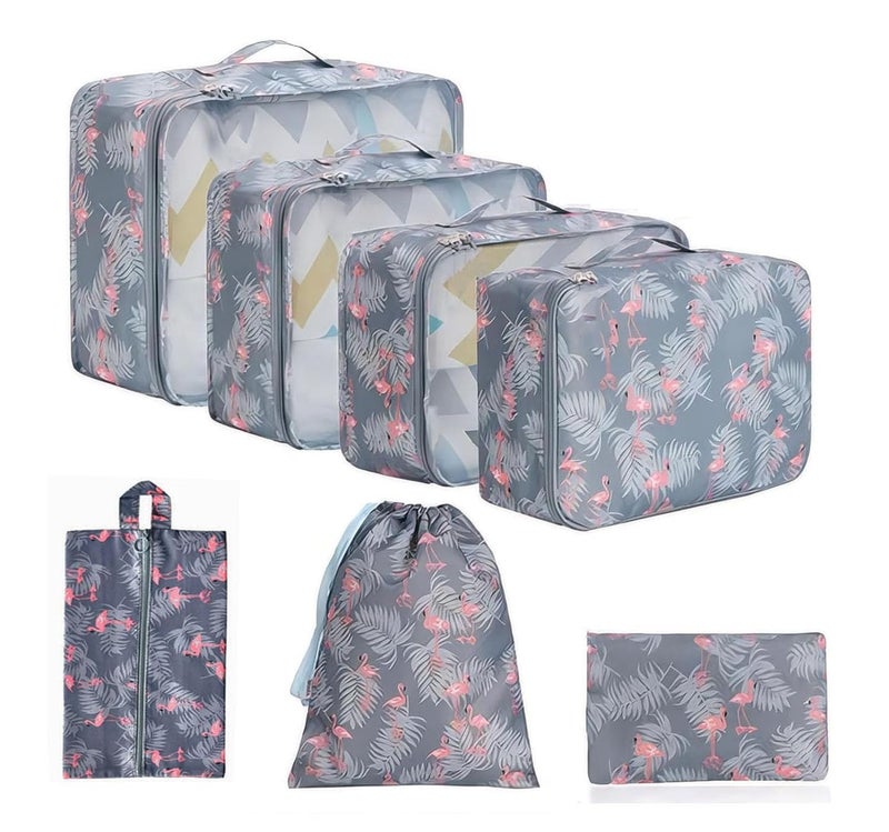 STESHWK Foldable Travel Luggage Organizer Storage Bags With 7 Set Packing Cubes with Shoe Bag for Travel Accessories Flamingo - Image 1