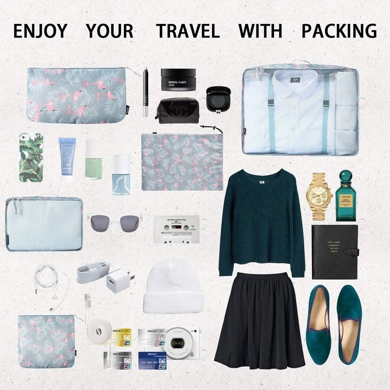 STESHWK Foldable Travel Luggage Organizer Storage Bags With 7 Set Packing Cubes with Shoe Bag for Travel Accessories Flamingo - Image 4