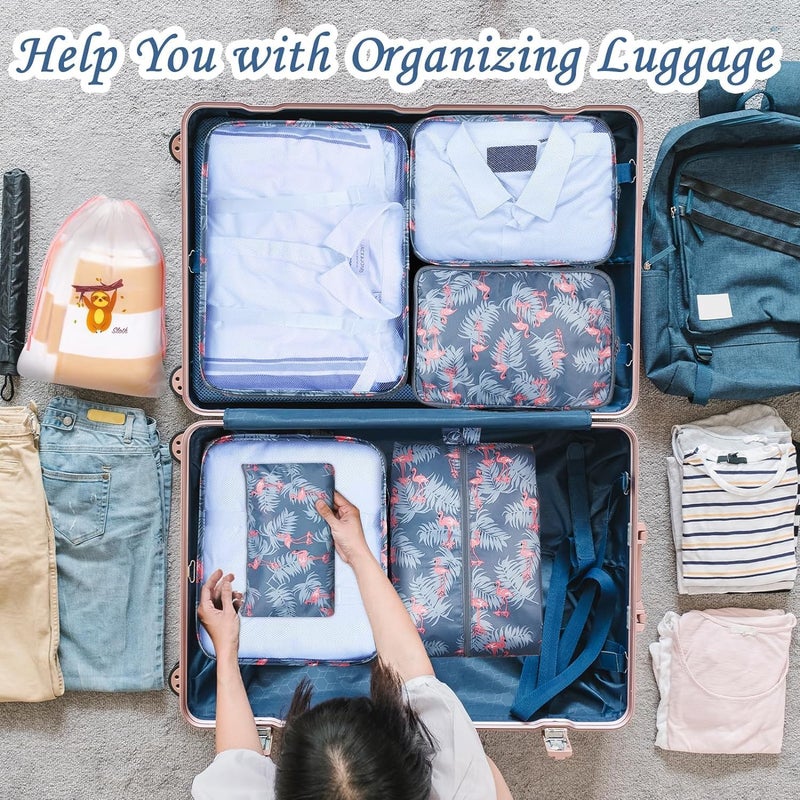 STESHWK Foldable Travel Luggage Organizer Storage Bags With 7 Set Packing Cubes with Shoe Bag for Travel Accessories Flamingo - Image 3
