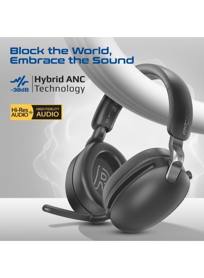بروميت Promate Serene-2 Hybrid ANC Over-Ear Headphones with 100H Playtime, Hi-Res Audio, Deep Bass, ENC Clear Calls, Transparency Mode, Dual Wireless 2.4GHz+BT, Flip-to-Mute Mic, MS Teams Compatible Black - Image 3