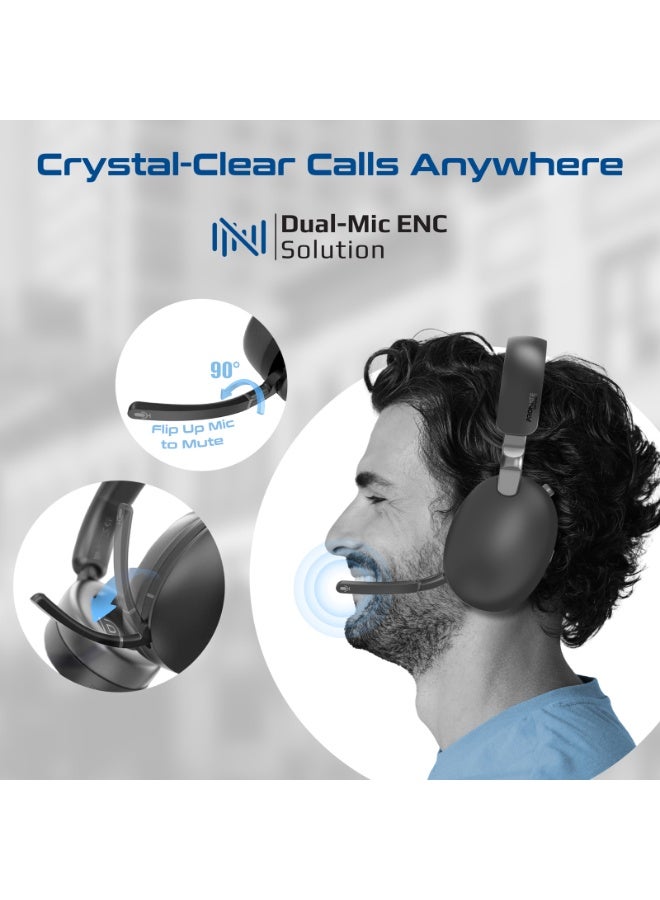 بروميت Promate Serene-2 Hybrid ANC Over-Ear Headphones with 100H Playtime, Hi-Res Audio, Deep Bass, ENC Clear Calls, Transparency Mode, Dual Wireless 2.4GHz+BT, Flip-to-Mute Mic, MS Teams Compatible Black - Image 5
