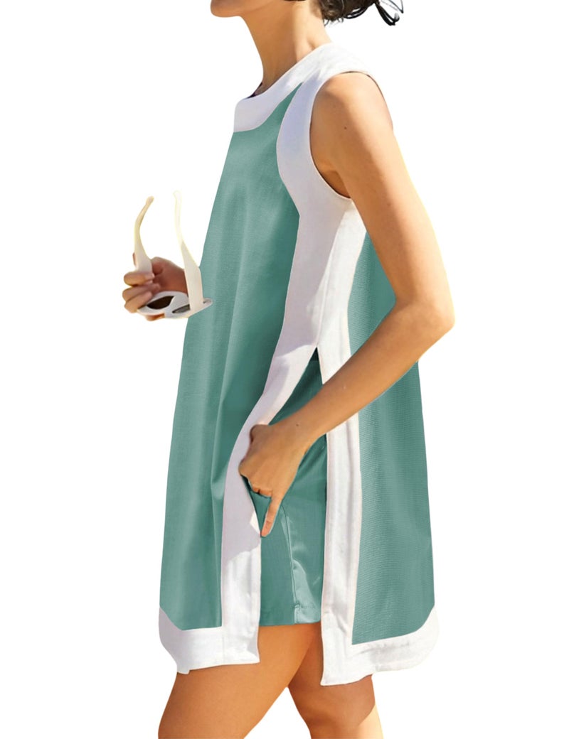 Hooever Women's 2 Piece Sets Casual Color Block Crewneck Short Sleeve Pullover Tops Matching Shorts with Pockets(LakeGreen-XXL) - Image 1