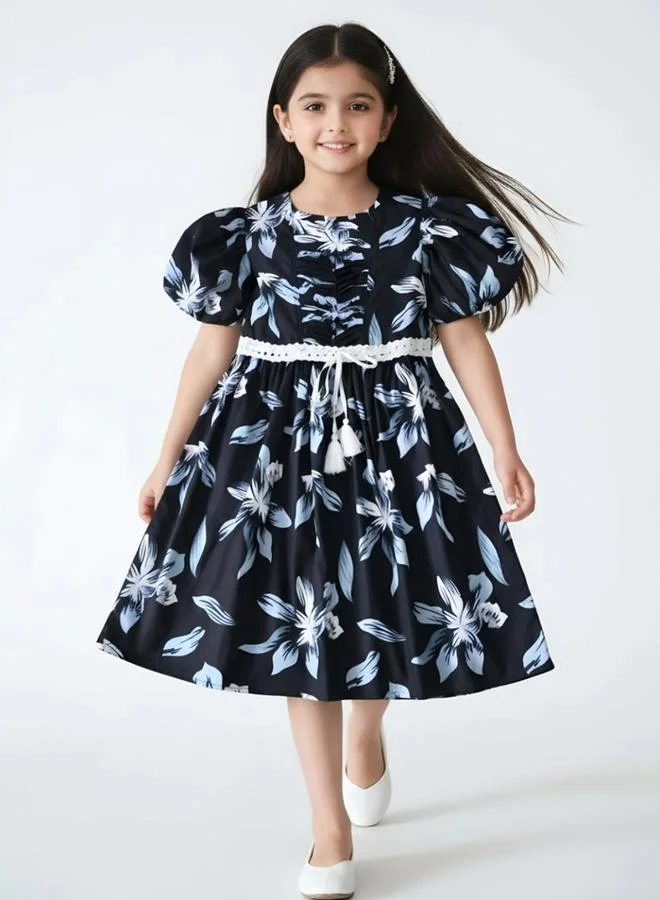 Bella Moda Cotton Balloon Sleeves Fit and Flare Printed Dress