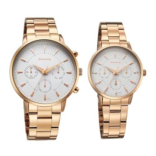 Sonata Perfect Pairs P2 Quartz White Round Dial Men and Women Pair Watch | Stainless Steel Strap Material | Watches for Men and Women Analog - 7718587093WM01 - Image 1