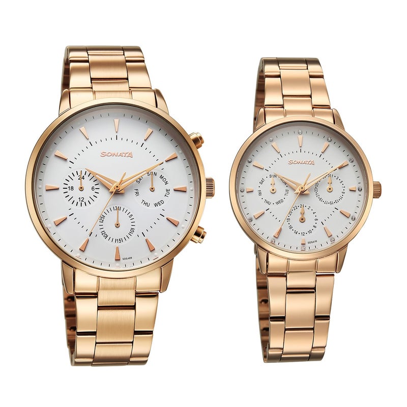 Sonata Perfect Pairs P2 Quartz White Round Dial Men and Women Pair Watch | Stainless Steel Strap Material | Watches for Men and Women Analog - 7718587093WM01 - Image 4