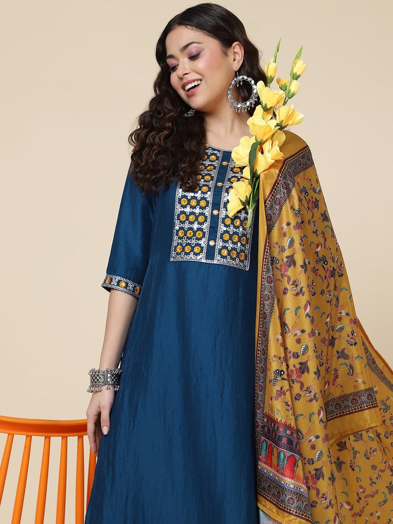 Shiv Textiles Silk Embroidered Kurta Set for Women (224-Blue-L) - Image 3