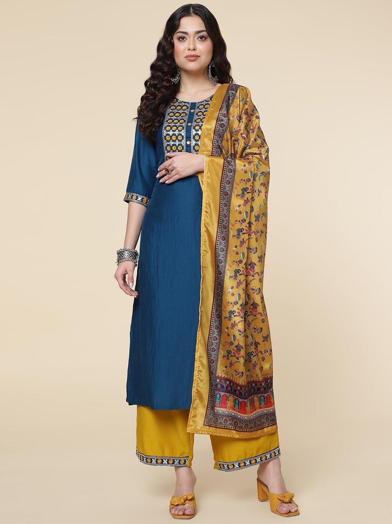 Shiv Textiles Silk Embroidered Kurta Set for Women (224-Blue-L) - Image 4