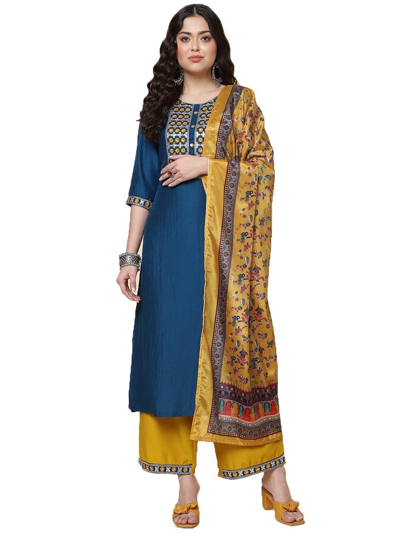 Shiv Textiles Silk Embroidered Kurta Set for Women (224-Blue-L) - Image 1