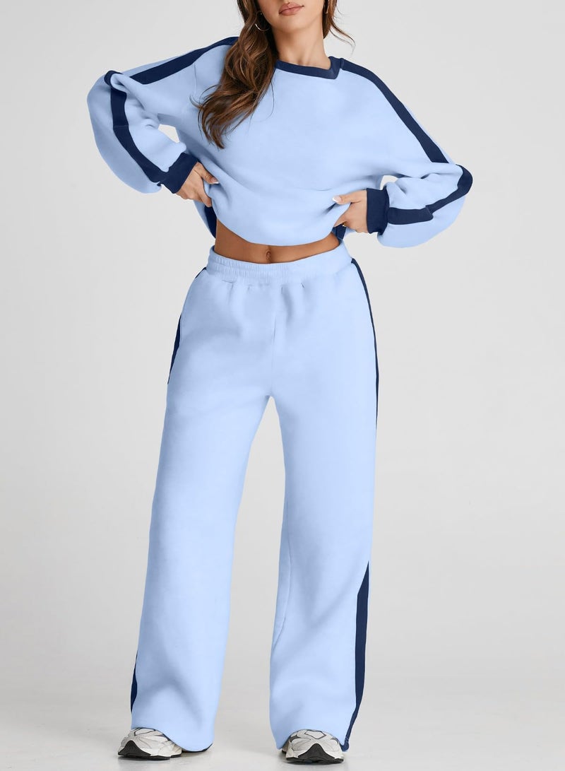 Herseas Women Two Piece Outfits Color Block Blue Long Sleeve Cozy Tracksuit Oversized Winter Lounge Sets XX-Large - Image 3