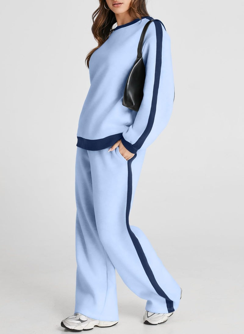 Herseas Women Two Piece Outfits Color Block Blue Long Sleeve Cozy Tracksuit Oversized Winter Lounge Sets XX-Large - Image 2