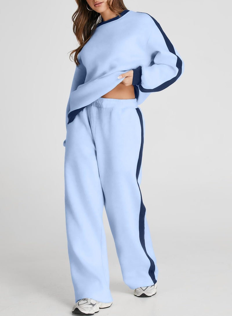 Herseas Women Two Piece Outfits Color Block Blue Long Sleeve Cozy Tracksuit Oversized Winter Lounge Sets XX-Large - Image 4
