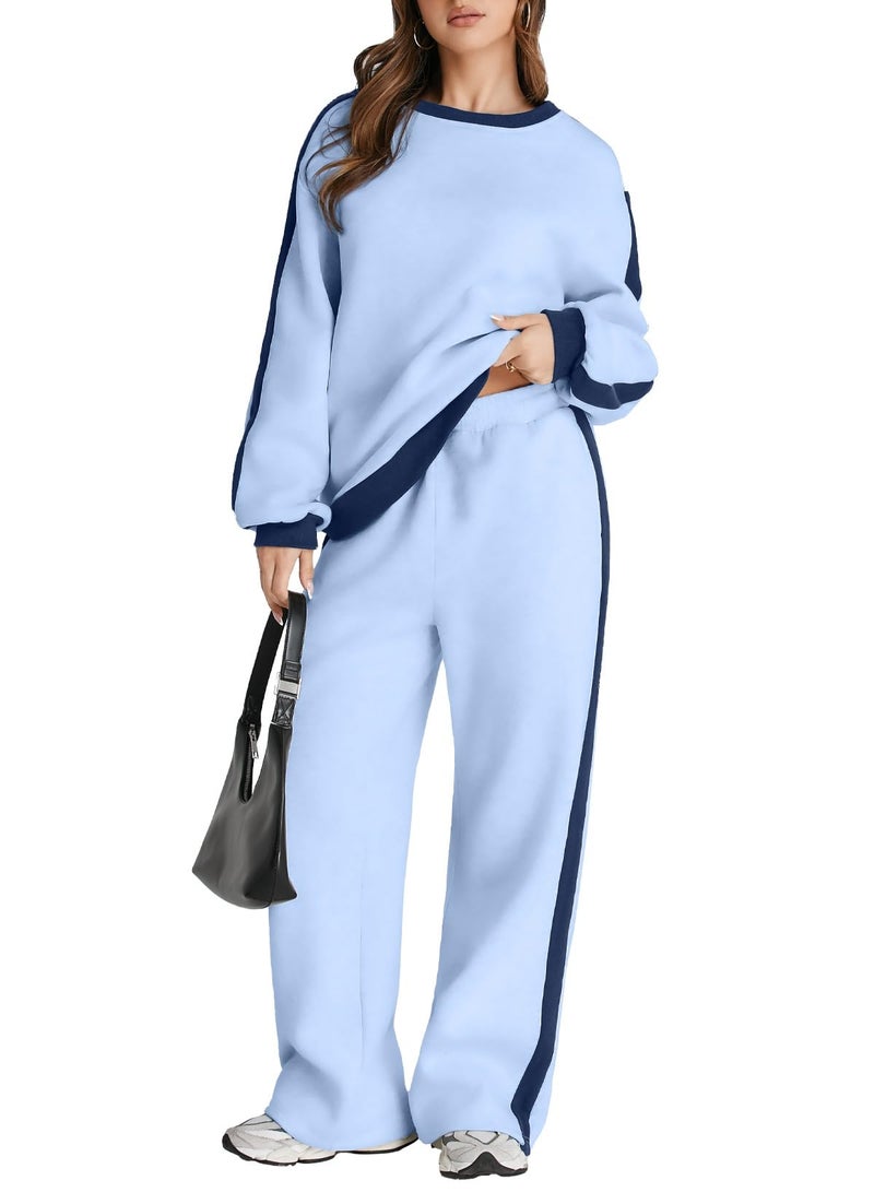 Herseas Women Two Piece Outfits Color Block Blue Long Sleeve Cozy Tracksuit Oversized Winter Lounge Sets XX-Large - Image 1