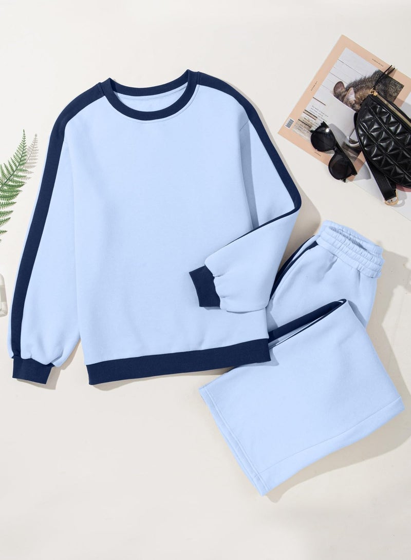 Herseas Women Two Piece Outfits Color Block Blue Long Sleeve Cozy Tracksuit Oversized Winter Lounge Sets XX-Large - Image 5
