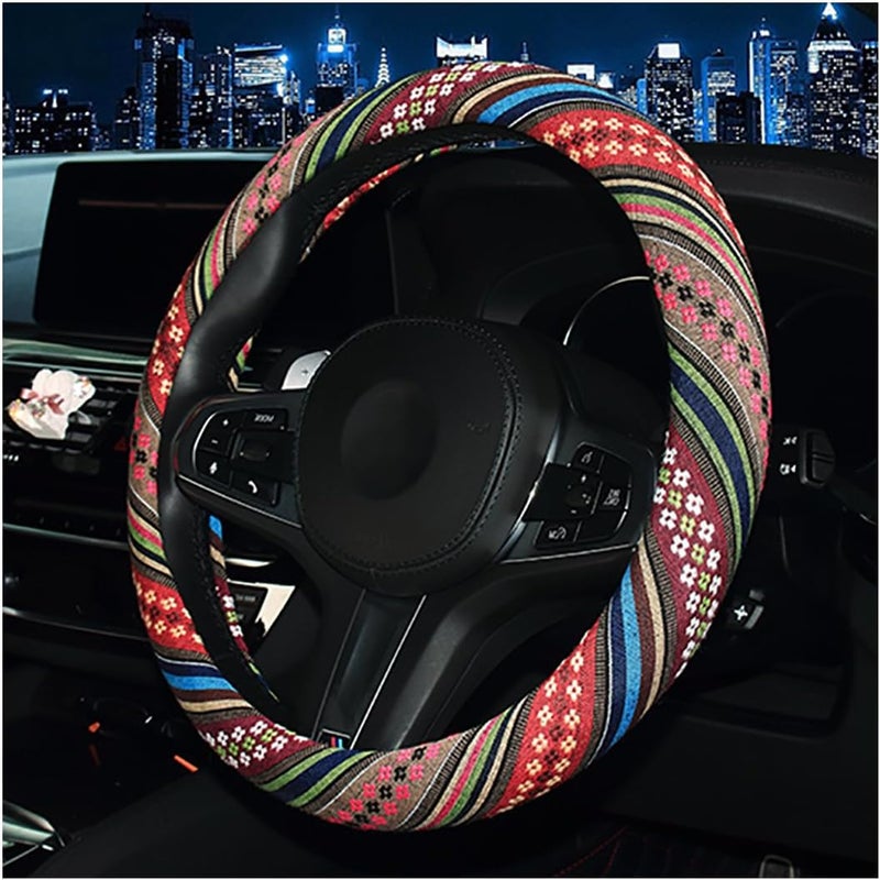 JNNJ Vehicle Steering Wheel Cover, Ethnic Style Coarse Flax Cloth Car Steering Wheel Covers, Anti-Slip And Sweat Absorbing Steering Wheel Cover for Cars, SUVs, Vans, Trucks, Universal(F model) - Image 1