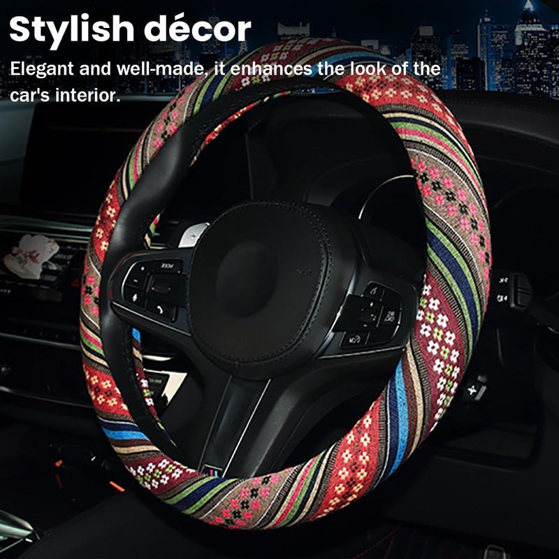 JNNJ Vehicle Steering Wheel Cover, Ethnic Style Coarse Flax Cloth Car Steering Wheel Covers, Anti-Slip And Sweat Absorbing Steering Wheel Cover for Cars, SUVs, Vans, Trucks, Universal(F model) - Image 3