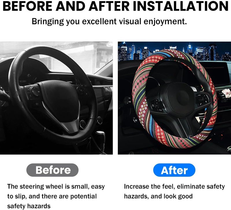 JNNJ Vehicle Steering Wheel Cover, Ethnic Style Coarse Flax Cloth Car Steering Wheel Covers, Anti-Slip And Sweat Absorbing Steering Wheel Cover for Cars, SUVs, Vans, Trucks, Universal(F model) - Image 4