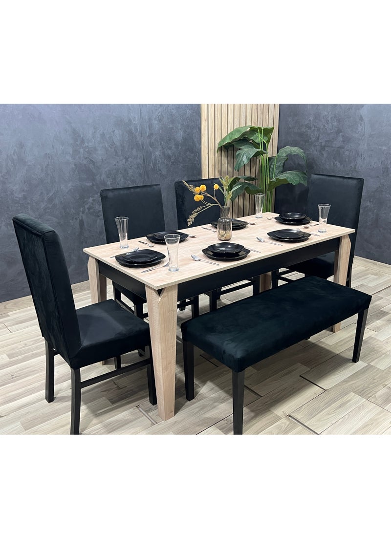 MDF dining table with 4 chairs and a bench with a luxurious touch - velvet upholstery available in multiple colors