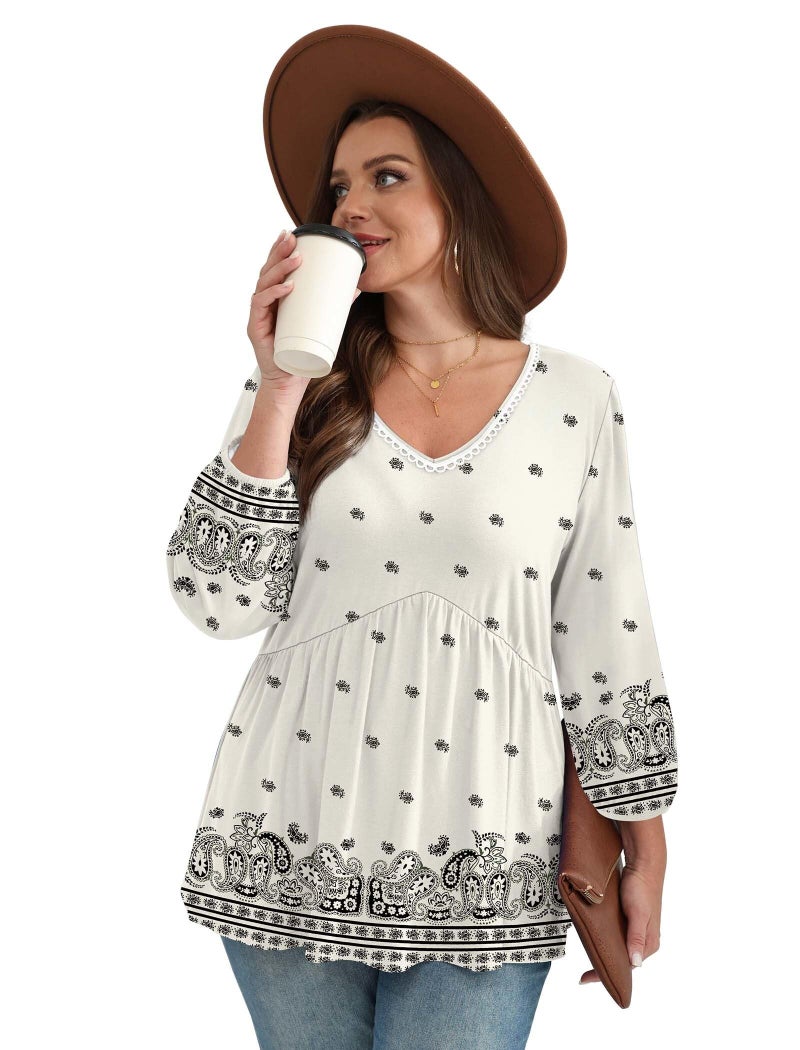 OFEEFAN Plus Size 3/4 Sleeve Tops for Women Boho Tops Fashion Clothing Beach Vacation Clothes Blouses for Women Dressy Casual Summer Cruise Outfits Western Outfits Boho White 2XL - Image 4