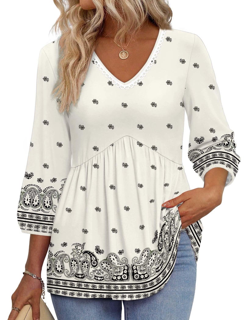 OFEEFAN Plus Size 3/4 Sleeve Tops for Women Boho Tops Fashion Clothing Beach Vacation Clothes Blouses for Women Dressy Casual Summer Cruise Outfits Western Outfits Boho White 2XL - Image 1
