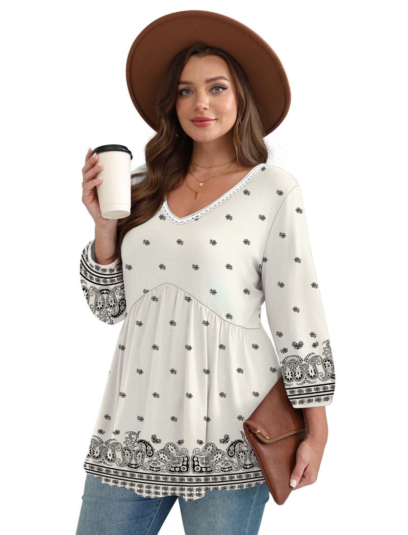 OFEEFAN Plus Size 3/4 Sleeve Tops for Women Boho Tops Fashion Clothing Beach Vacation Clothes Blouses for Women Dressy Casual Summer Cruise Outfits Western Outfits Boho White 2XL - Image 3