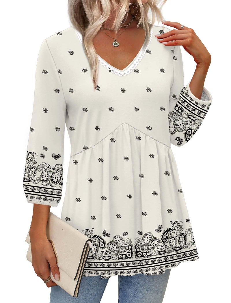 OFEEFAN Plus Size 3/4 Sleeve Tops for Women Boho Tops Fashion Clothing Beach Vacation Clothes Blouses for Women Dressy Casual Summer Cruise Outfits Western Outfits Boho White 2XL - Image 2
