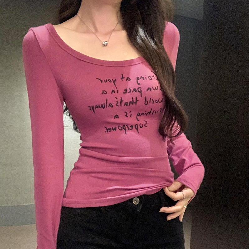 European Spice Girls Letter Printing Low Crewneck Pure Slim-Fit Base T-Shirt Women'S Autumn Slim-Fit - Image 5