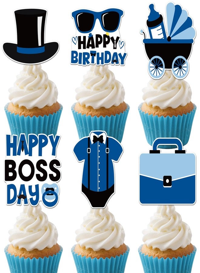 iPartyGo Boss Birthday Party Decorations - 36 Pcs Black Blue Glitter Cute Happy Bosses Day Cupcake Toppers Set Double Printed Movie Themed 1st 2nd 3rd Cake Dessert Decor Supplies for Baby Boys - Image 1