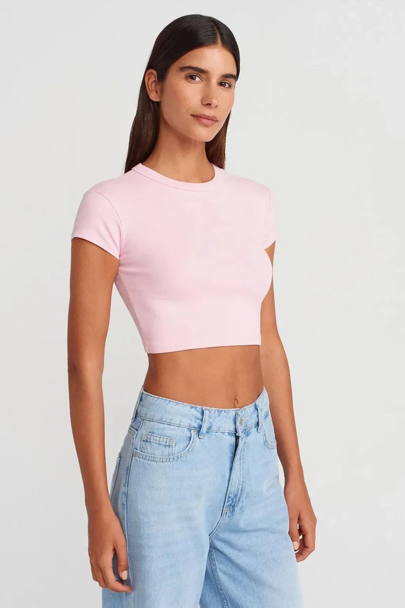 Dilvin Blush Pink DILVIN Women's Slim Fit Crop Crew Neck T-Shirt for Women | Best Price UAE