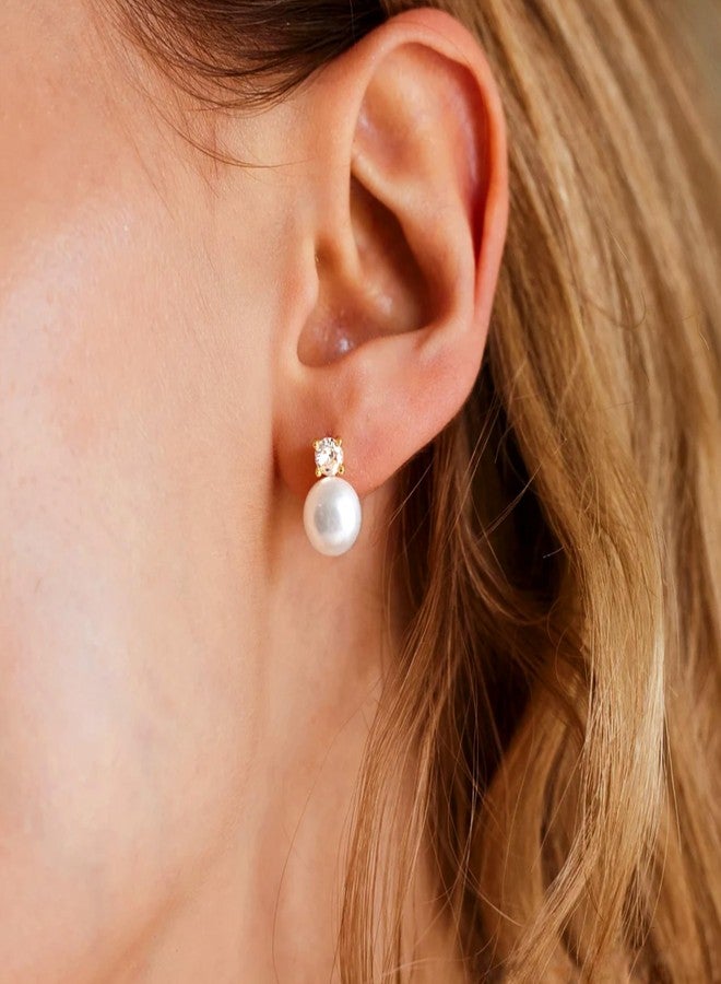 هينجشينج أقراط مرصعة باللؤلؤ للنساء، أقراط من لؤلؤ المياه العذبة من الدرجة AAAA مع زركونيا مكعبة، مطلية بالذهب عيار 18 قيراط، أقراط رقيقة مضادة للحساسية - Image 4