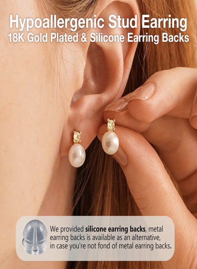 هينجشينج أقراط مرصعة باللؤلؤ للنساء، أقراط من لؤلؤ المياه العذبة من الدرجة AAAA مع زركونيا مكعبة، مطلية بالذهب عيار 18 قيراط، أقراط رقيقة مضادة للحساسية - Image 5