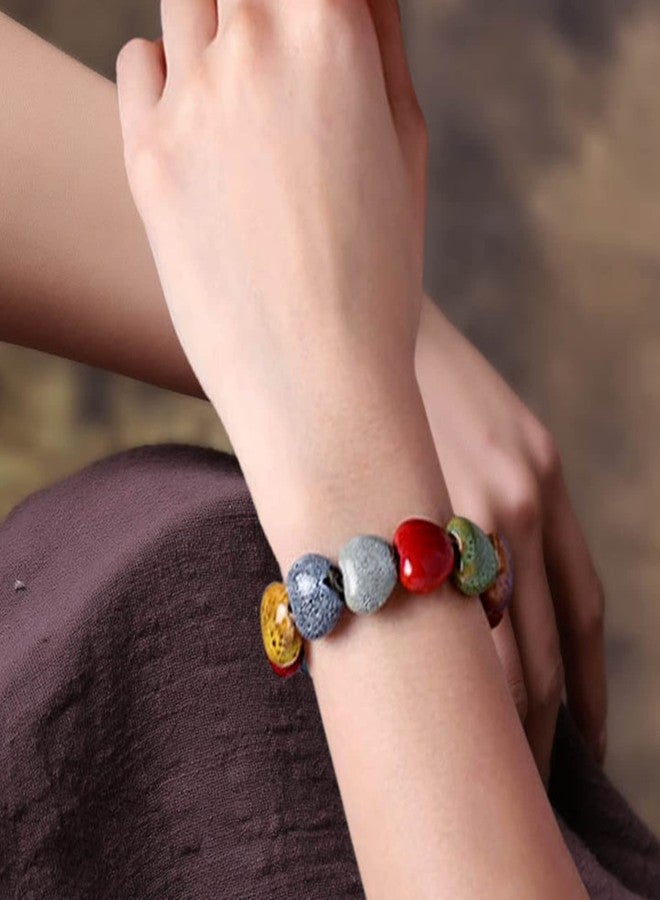 Zittop Bracelet Colorful Ceramic Handmade Simple Ethnic Style Variety of Shapes Elastic Hand Chain for Women (Heart type) - Image 5