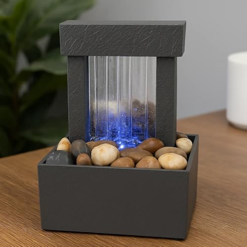 zahab Indoor Desktop Water Fountain with LED Light | Natural River Rocks | Tabletop Decorative Waterfall Showpiece for Home & Office | Calming Zen Fountain with Pebbles 7 Inch, Black - Image 1