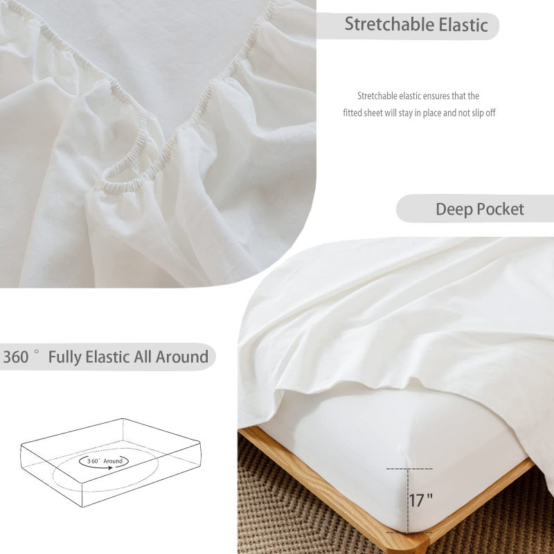 MooMee Fitted Bottom Sheet Only 100% Washed Cotton Linen Like Textured Breathable Durable Soft Comfy Deep Pocket Fits Mattress up to 17"" (Off White  King) - Image 4