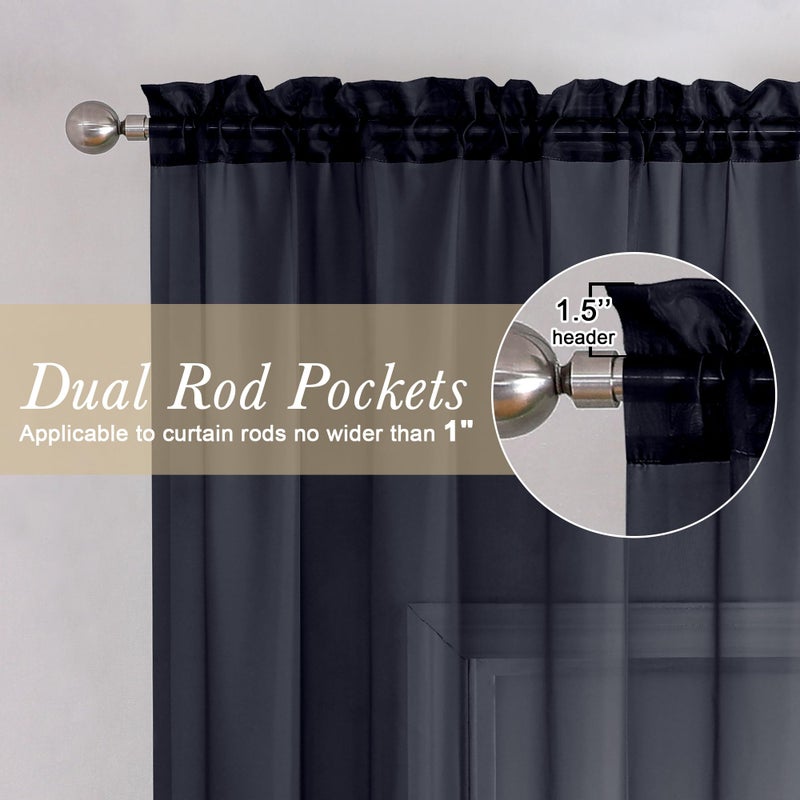 Lecloud Black Sheer Curtain Panels 72 Inch Length  Light Filtering Window Curtain Drapes Treatment for Living Room  Breathable Rod Pocket Sheer Curtains for Bedroom  2 Panels  Each 40"" Wx72 L - Image 2