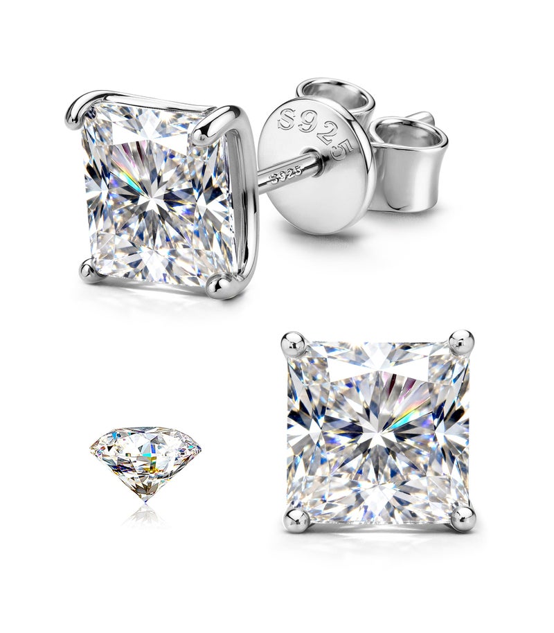 GEMQUEEN Moissanite Earrings Studs for Men Women - 18K White Gold Plated Solid 925 Sterling Silver Stud Earring Mens Moissanite Jewelry Hypoallergenic for Sensitive Earrings Square Princess Cut 5mm - Image 1