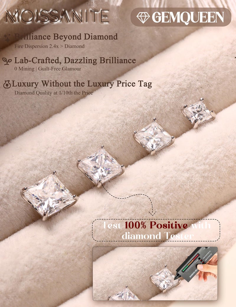 GEMQUEEN Moissanite Earrings Studs for Men Women - 18K White Gold Plated Solid 925 Sterling Silver Stud Earring Mens Moissanite Jewelry Hypoallergenic for Sensitive Earrings Square Princess Cut 5mm - Image 3
