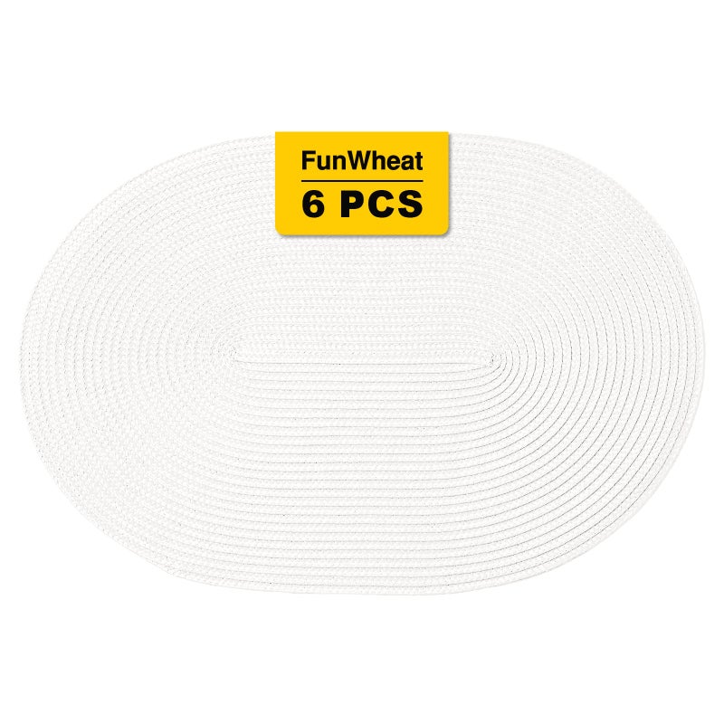FunWheat Oval Braided Placemats Set of 6 Table Mats for Dining Tables Woven Washable NonSlip Shining Place mats12x18 Inch Table mats for Indoor Outdoor UseOval White 6pcs