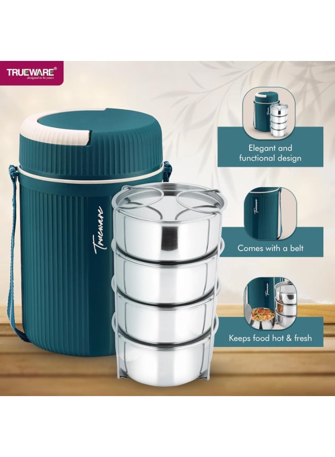 Trueware علبة غداء سريعة التحضير من الفولاذ المقاوم للصدأ من ترووير، مزودة بأربع حاويات معزولة حرارياً، سعة كل منها 300 مل | علبة غداء للمكتب | خالية من مادة BPA | آمنة للاستخدام مع الطعام - Image 2