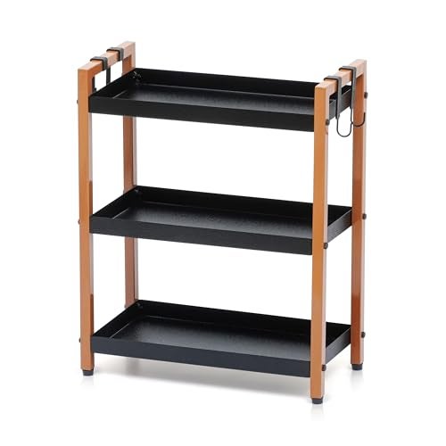 Livzing Metal 3 Tier Spice Rack for Kitchen Space Saving Countertop Storage Racks Cosmetics Organizer Kitchen Shelf Bathroom Organizer Stand Multipurpose Tiered Shelves With Plastic Hooks - Black - Image 1