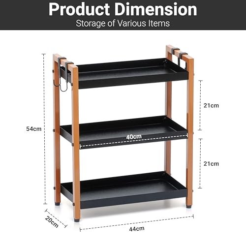 Livzing Metal 3 Tier Spice Rack for Kitchen Space Saving Countertop Storage Racks Cosmetics Organizer Kitchen Shelf Bathroom Organizer Stand Multipurpose Tiered Shelves With Plastic Hooks - Black - Image 2