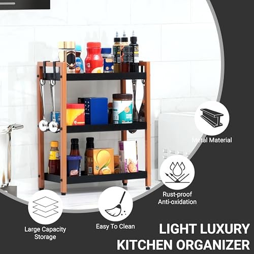 Livzing Metal 3 Tier Spice Rack for Kitchen Space Saving Countertop Storage Racks Cosmetics Organizer Kitchen Shelf Bathroom Organizer Stand Multipurpose Tiered Shelves With Plastic Hooks - Black - Image 5