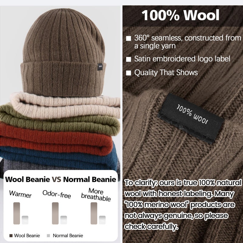 Ababalaya 100% Wool Beanie for Men Women Windproof Double Layer Super Cozy Knitted Cuffed Beanies Unisex Warm Winter Hat with Ear Protection & Face-Slimming Fit, Espresso - Image 2
