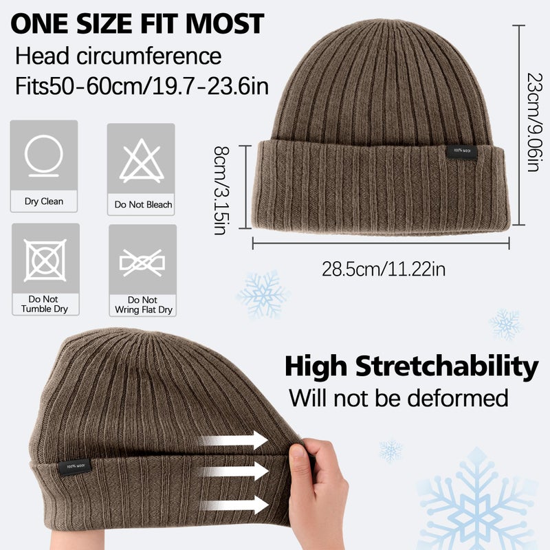 Ababalaya 100% Wool Beanie for Men Women Windproof Double Layer Super Cozy Knitted Cuffed Beanies Unisex Warm Winter Hat with Ear Protection & Face-Slimming Fit, Espresso - Image 3