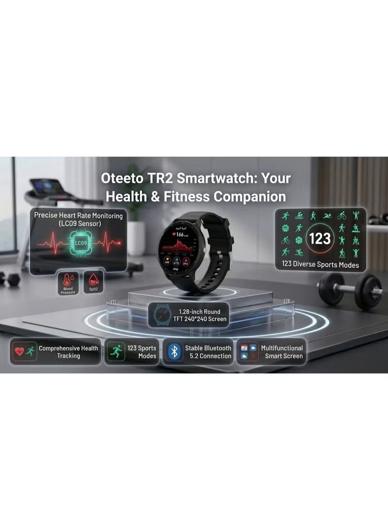Oteeto TR2 Smart Watch, 1.28 Inch Full Touch TFT Display, Bluetooth 5.2, Heart Rate & SpO2 Monitoring, IP68 Water Resistant, 123+ Sports Modes, Up to 7-Day Battery Life, Fitness Tracker for Men & Women - Image 2