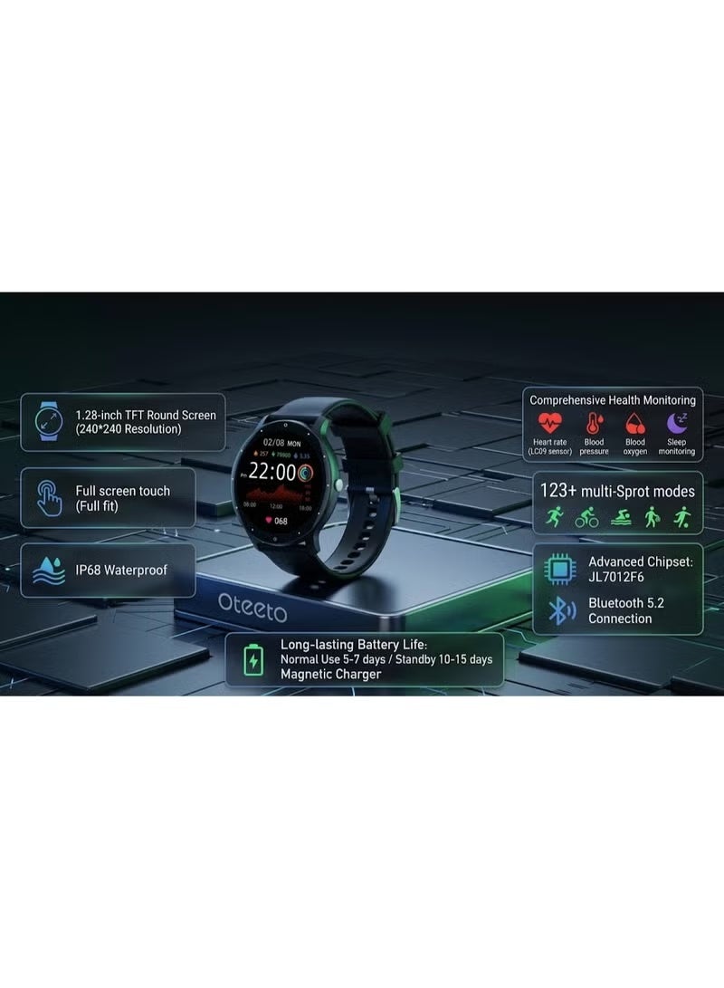 Oteeto TR2 Smart Watch, 1.28 Inch Full Touch TFT Display, Bluetooth 5.2, Heart Rate & SpO2 Monitoring, IP68 Water Resistant, 123+ Sports Modes, Up to 7-Day Battery Life, Fitness Tracker for Men & Women - Image 3