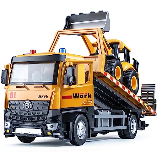 HAPYAD Tow Truck Toy Metal Cab Flatbed Tow Truck Toys for Boys with Backhoe Loader Friction Powered Transport Trailers with Lights and Siren Sounds Construction Vehicles for Kids 125 - Image 1